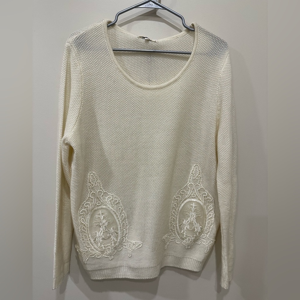 Darling London Long White Knit Sweater with Lace appliqué on the front - Size 12